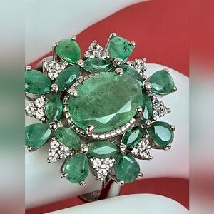 COPY: 925 Sterling Silver Ring Sz 7 with Natural Emerald Gem & Cz